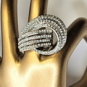 Silver Crystal Rhinestones Ring Wide Criss Cross Over Size 4.75